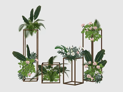 Decorative Plant Arrangement with Metal Frame Stands Green Plants Pink Flowers Large Leaves and Ferns 3d model