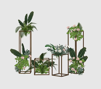Decorative Plant Arrangement with Metal Frame Stands Green Plants Pink Flowers Large Leaves and Ferns 3d model