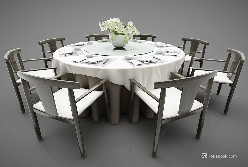 Round Dining Table Set Featuring White Tablecloth Dinnerware and Wooden Frame Chairs with White Cushions 3d model