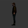Realistic Game Movie Character in Brown Jacket Blue Jeans and Hat Standing Pose Gray Background