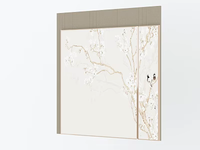 Light Colored Bedroom Accent Wall With White Floral Branches And Black Birds 3d model