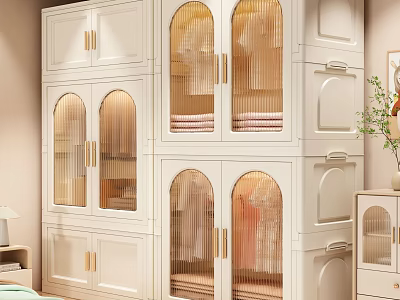 Clothes Stored In Elegant White Wardrobe With Arched Glass Doors And Golden Handles 3d model
