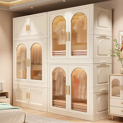 Clothes Stored In Elegant White Wardrobe With Arched Glass Doors And Golden Handles 3d model
