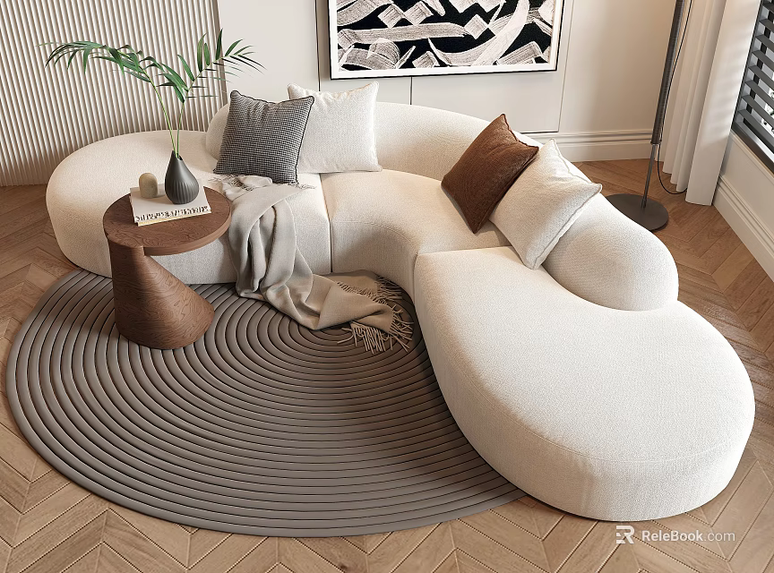 White Irregular Sofa with Plush Pillows Round Rug and Side Table in Modern Living Room 3d model 