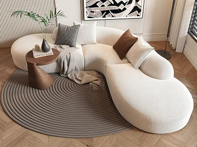 White Irregular Sofa with Plush Pillows Round Rug and Side Table in Modern Living Room 3d model