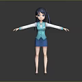 3D Female Game and Movie Character With Blue Ponytail Blue White Vest Skirt