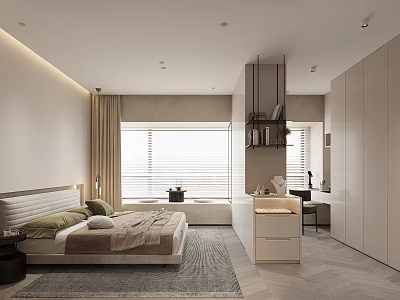Modern Bedroom Interior Design With Bed Wardrobe Window Desk Nightstand And Area Rug 3d model