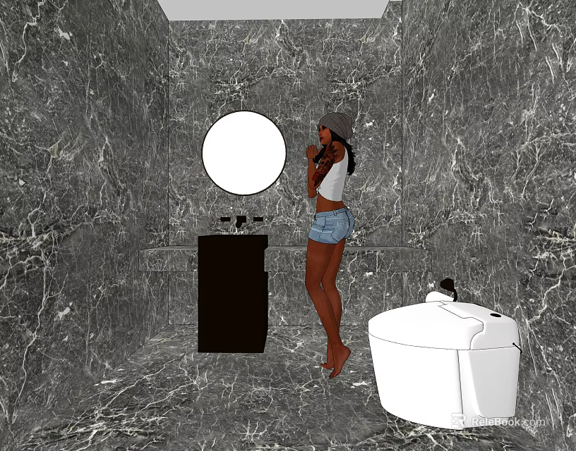 Public Restroom With Marble Walls Round Mirror Black Sink Vanity And White Toilet 3d model 