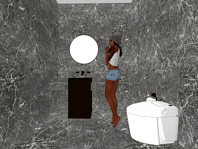 Public Restroom With Marble Walls Round Mirror Black Sink Vanity And White Toilet 3d model
