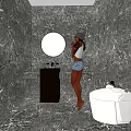 Public Restroom With Marble Walls Round Mirror Black Sink Vanity And White Toilet