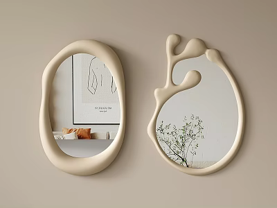 Irregular Shaped Mirrors With Beige Frames Hanging On Wall Reflecting Interior Green Plant And Sofa 3d model