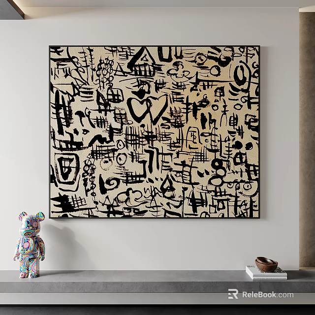 Abstract Black White Line Art Painting on Wall with Decorative Elements 3d model 