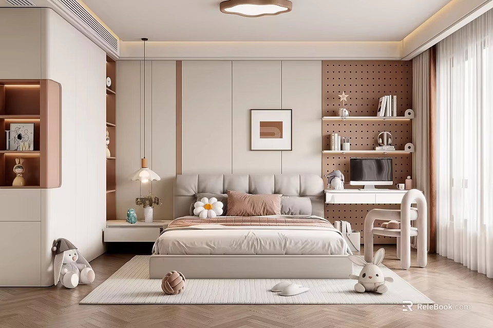 Cozy Kids Bedroom Interior With Soft Bed Desk Chair Rabbit Toys And Rug 3d model 