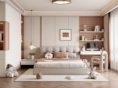 Cozy Kids Bedroom Interior With Soft Bed Desk Chair Rabbit Toys And Rug 3d model