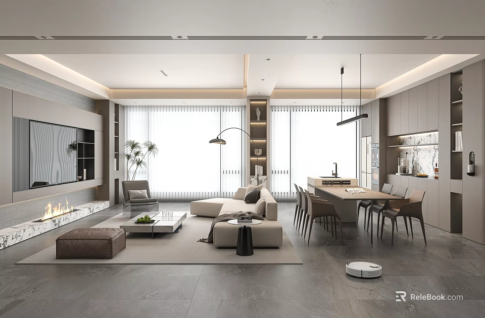 Modern Open Living Dining Room Interior With Sofa Coffee Table Dining Set And Pendant Lights 3d model 