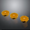 Three Bright Fresh Juicy Sliced Oranges on Black Background with Reflection