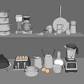 Modern Stainless Steel Kitchen Utensils Including Blender Coffee Maker Pots And Pans
