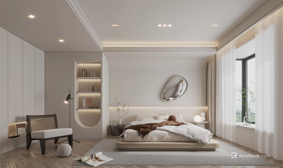 Modern Minimalist Bedroom Interior With Round Mirror Cozy Bed Light Curtains And Shelf 3d model 