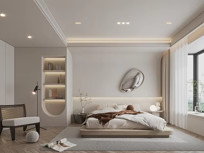 Modern Minimalist Bedroom Interior With Round Mirror Cozy Bed Light Curtains And Shelf 3d model