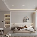 Modern Minimalist Bedroom Interior With Round Mirror Cozy Bed Light Curtains And Shelf