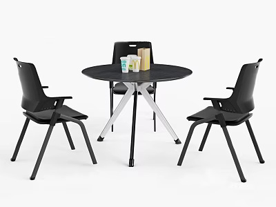 Modern Black Round Dining Table with Four Armrest Chairs and Silver Metal Legs 3d model