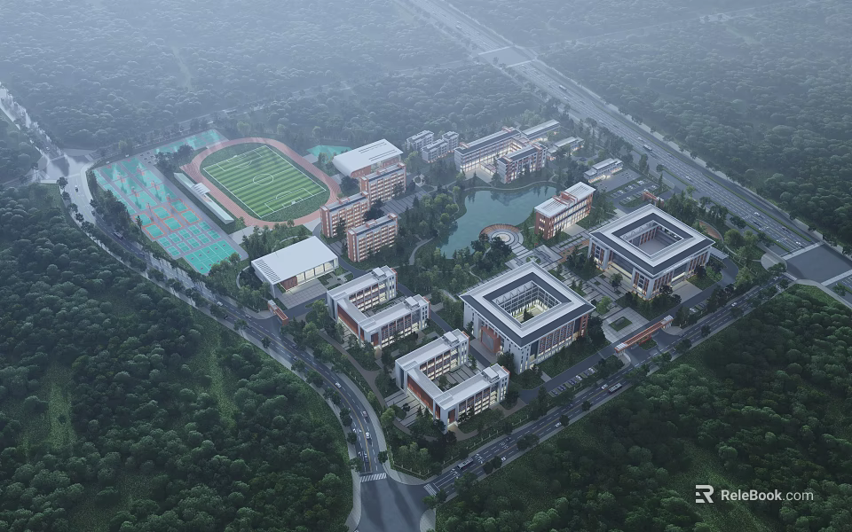 Aerial View of Modern School Buildings with Sports Field Lake and Green Surroundings 3d model 