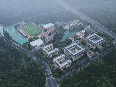Aerial View of Modern School Buildings with Sports Field Lake and Green Surroundings 3d model