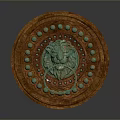 Scenic View Of Circular Wooden Door Knocker With Lion Head Bronze Ornament And Green Dots