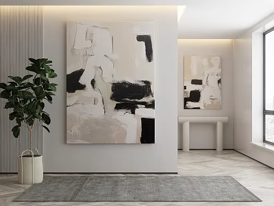 Modern Interior Decor With Large Abstract Paintings Green Plant And Gray Rug 3d model