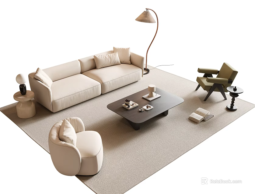 Modern Living Room Interior With Beige Sofa Coffee Table Set Armchair Floor Lamp And Rug 3d model 