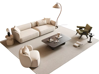 Modern Living Room Interior With Beige Sofa Coffee Table Set Armchair Floor Lamp And Rug 3d model