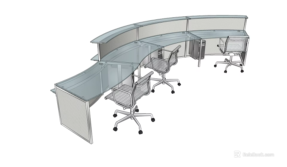 Modern Curved Glass Office Desk With Modular Design And Swivel Chairs 3d model 