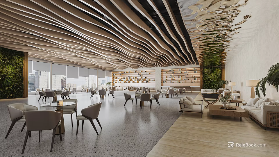 Modern Lounge Area Interior Design With Wavy Ceiling Tables Chairs Sofas And Green Plant Wall 3d model 