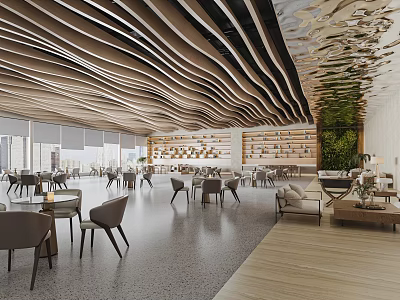 Modern Lounge Area Interior Design With Wavy Ceiling Tables Chairs Sofas And Green Plant Wall 3d model