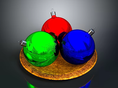 Shiny Christmas Ornaments In Red Green Blue On Gold Greek Pattern Platter 3d model
