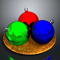 Shiny Christmas Ornaments In Red Green Blue On Gold Greek Pattern Platter