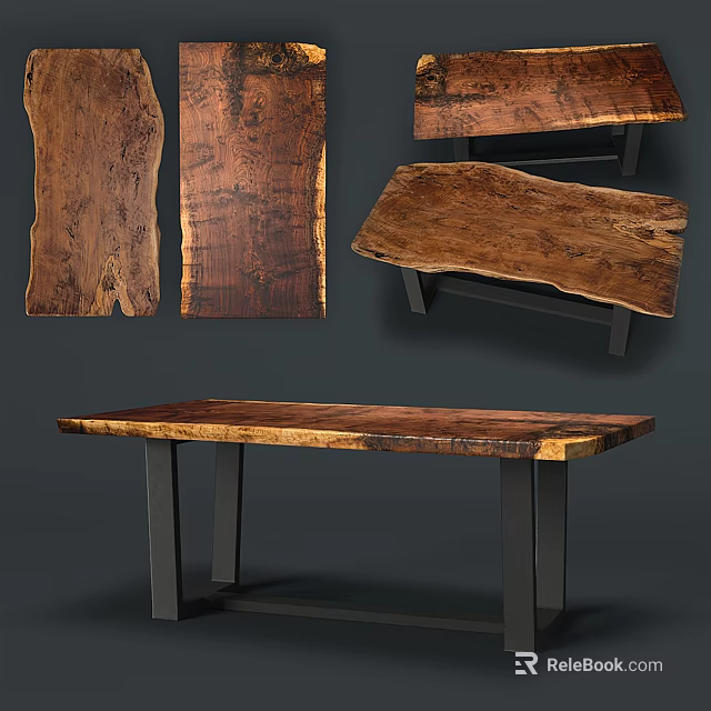Rustic Wooden Tea Table and Chairs with Natural Wood Grain and Metal Legs 3d model 