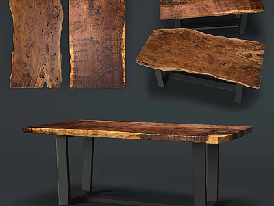 Rustic Wooden Tea Table and Chairs with Natural Wood Grain and Metal Legs 3d model