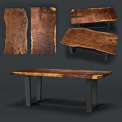 Rustic Wooden Tea Table and Chairs with Natural Wood Grain and Metal Legs 3d model