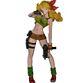 Anime Style Female Doll With Golden Curly Hair Red Bow Green Top And Brown Shorts