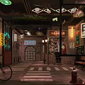 Vintage Old Shanghai Commercial Street With Neon Signs And Retro Decorations