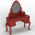 Elegant Red Wooden Dressing Table With Carved Details Round Mirror And Drawers