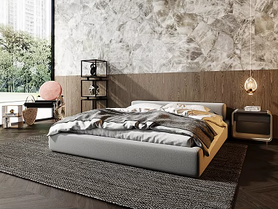 Modern Bedroom Interior With Marble Wall Gray Bed Frame Wooden Floor And Hanging Lamp 3d model