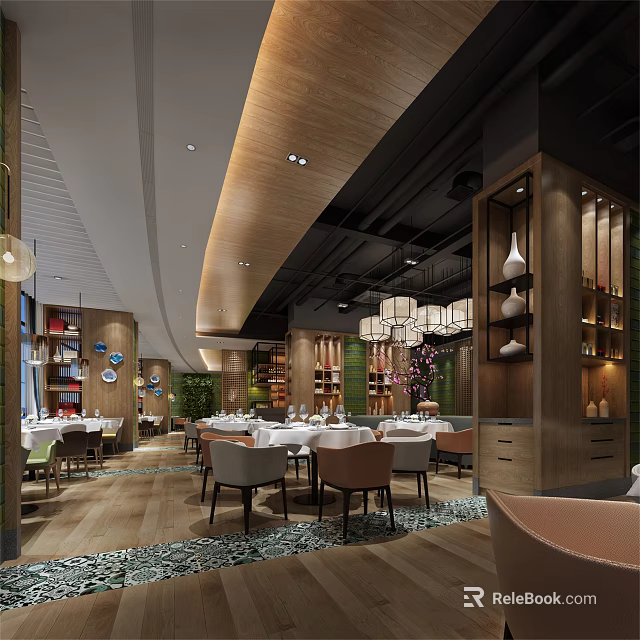 Elegant Restaurant Interior With Wooden Decor Chandeliers Dining Tables And Green Plants 3d model 