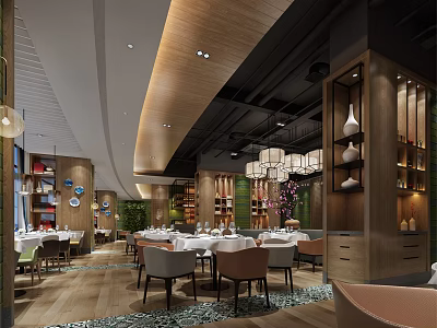 Elegant Restaurant Interior With Wooden Decor Chandeliers Dining Tables And Green Plants 3d model