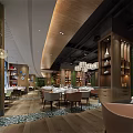 Elegant Restaurant Interior With Wooden Decor Chandeliers Dining Tables And Green Plants