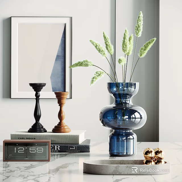Decorative Ornament Set With Blue Vase Dried Flowers Candle Holders Books And Small Clock 3d model 