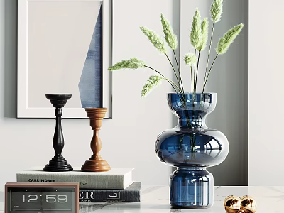 Decorative Ornament Set With Blue Vase Dried Flowers Candle Holders Books And Small Clock 3d model