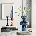 Decorative Ornament Set With Blue Vase Dried Flowers Candle Holders Books And Small Clock