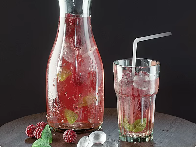 Refreshing Raspberry Beverage with Fresh Raspberries Ice and Mint in Glass Pitcher and Cup 3d model